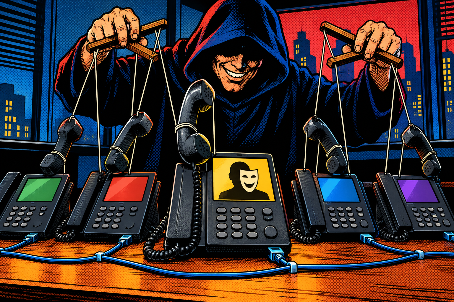 Comic: a hooded puppeteer works office desk phones like marionettes, making one display a fake identity