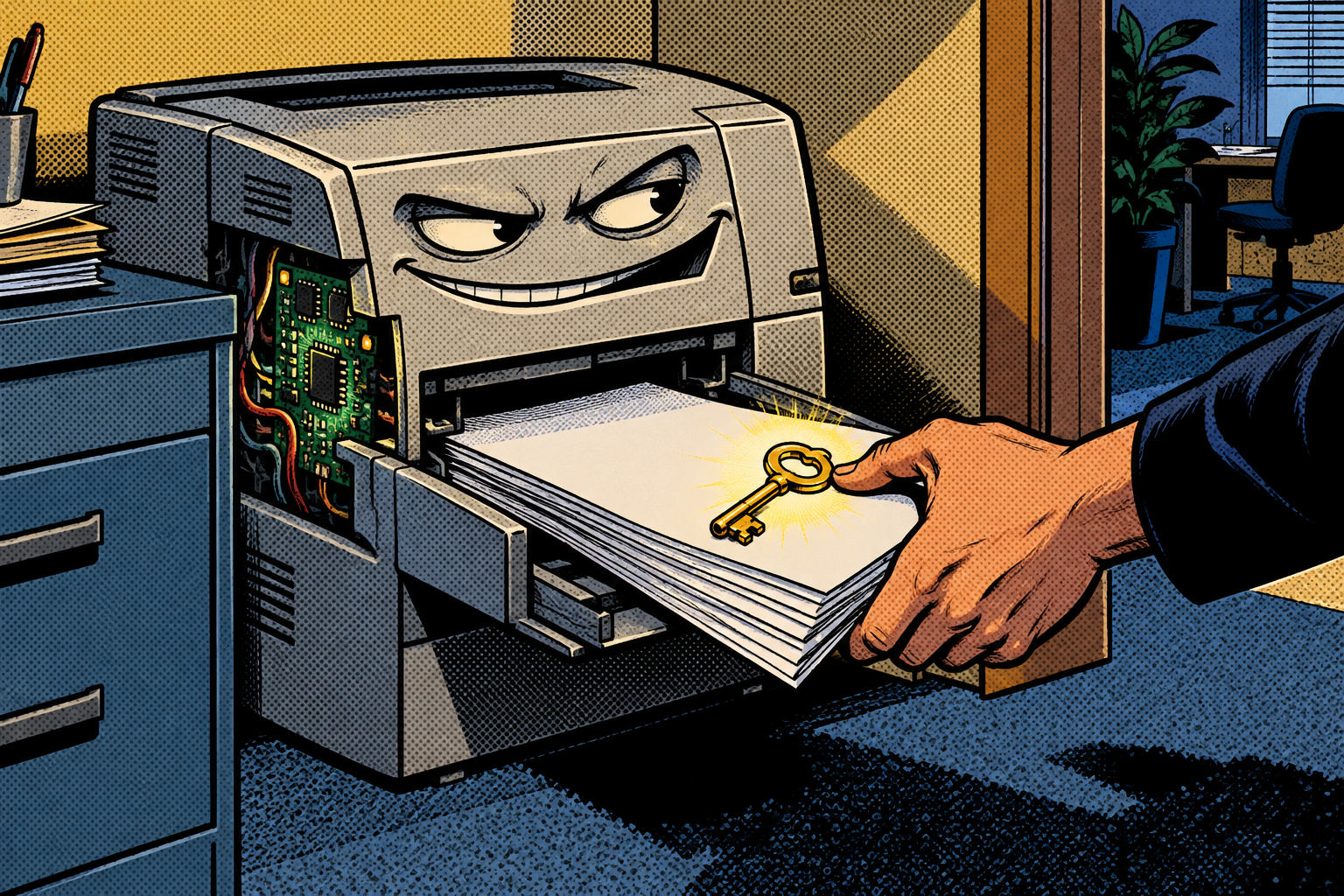 Comic: an office printer secretly a soft computer, an intruder pulling documents and a key from its tray