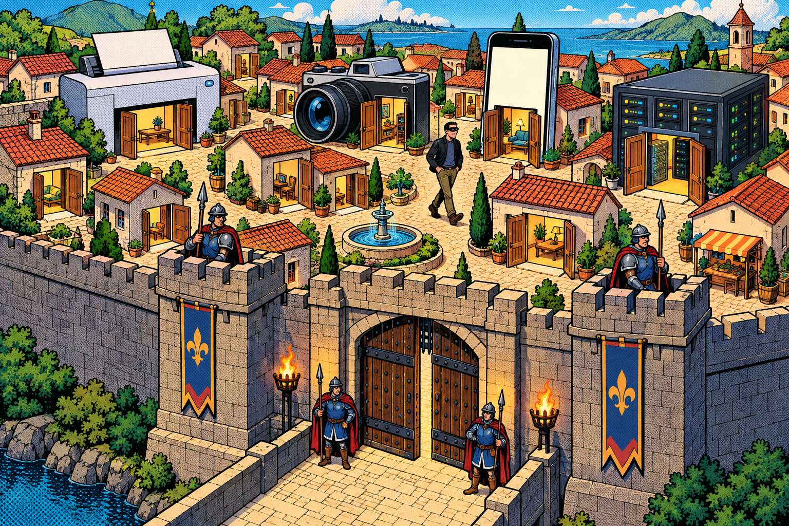 Comic: a walled town with one guarded gate but every inner device-house standing wide open, an intruder strolling freely