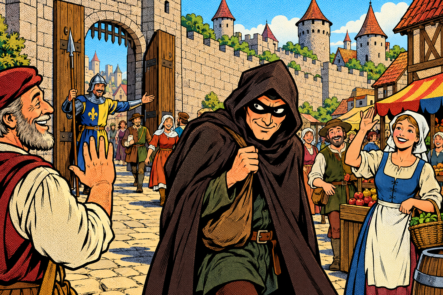 Comic: a masked intruder wanders a walled town freely while smiling townsfolk wave, because trust comes from being inside the gate