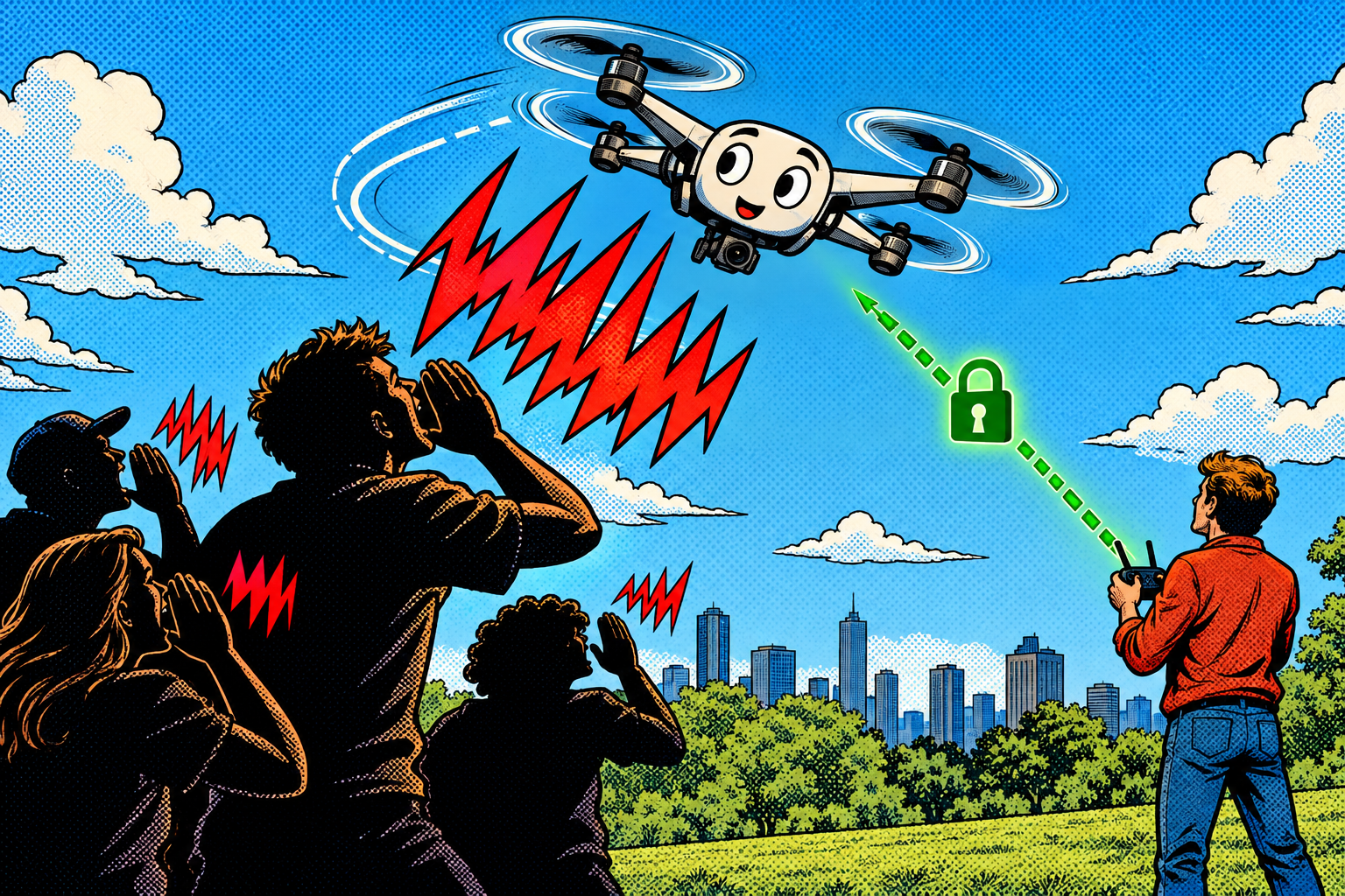 Comic: a trusting drone obeys whoever shouts loudest, while a padlocked control link shows the fix of authenticating the channel