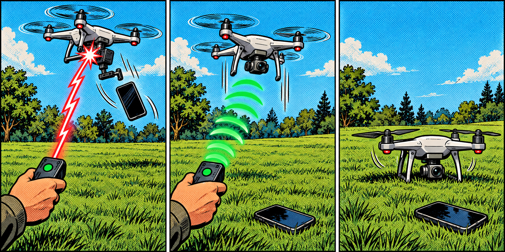 Comic sequence: a gadget knocks a pilot off a drone, sends a gentle land command, and the drone settles on the grass