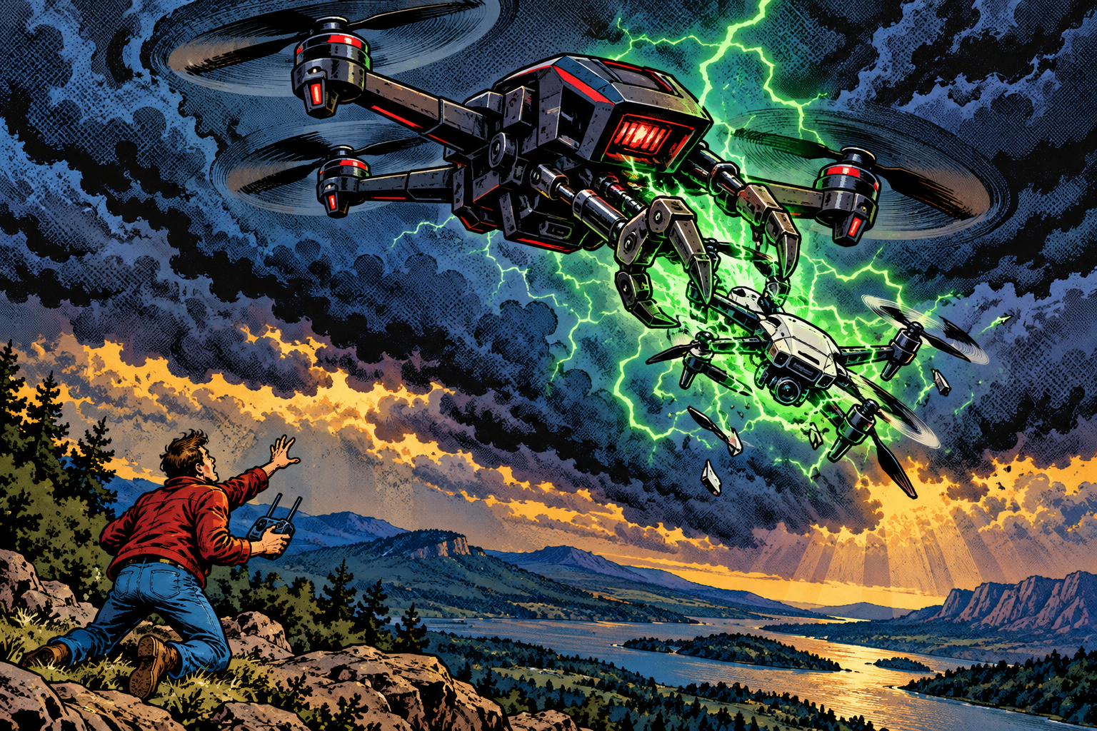 Comic: one drone grabs another in mid-flight like a bird of prey, the pilot below losing control