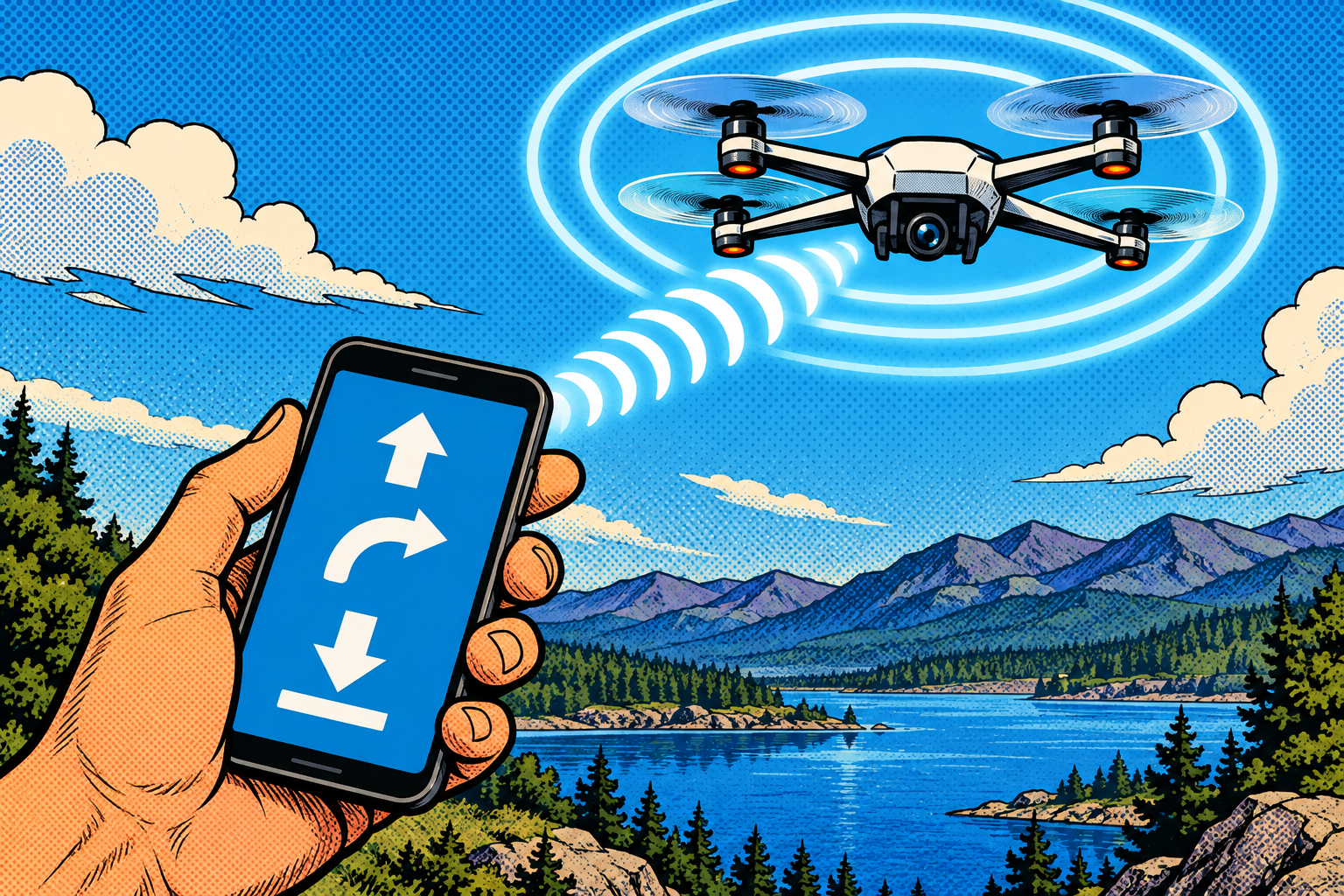 Comic: a drone broadcasts its own open Wi-Fi and a phone sends plain flight commands straight to it over the open link