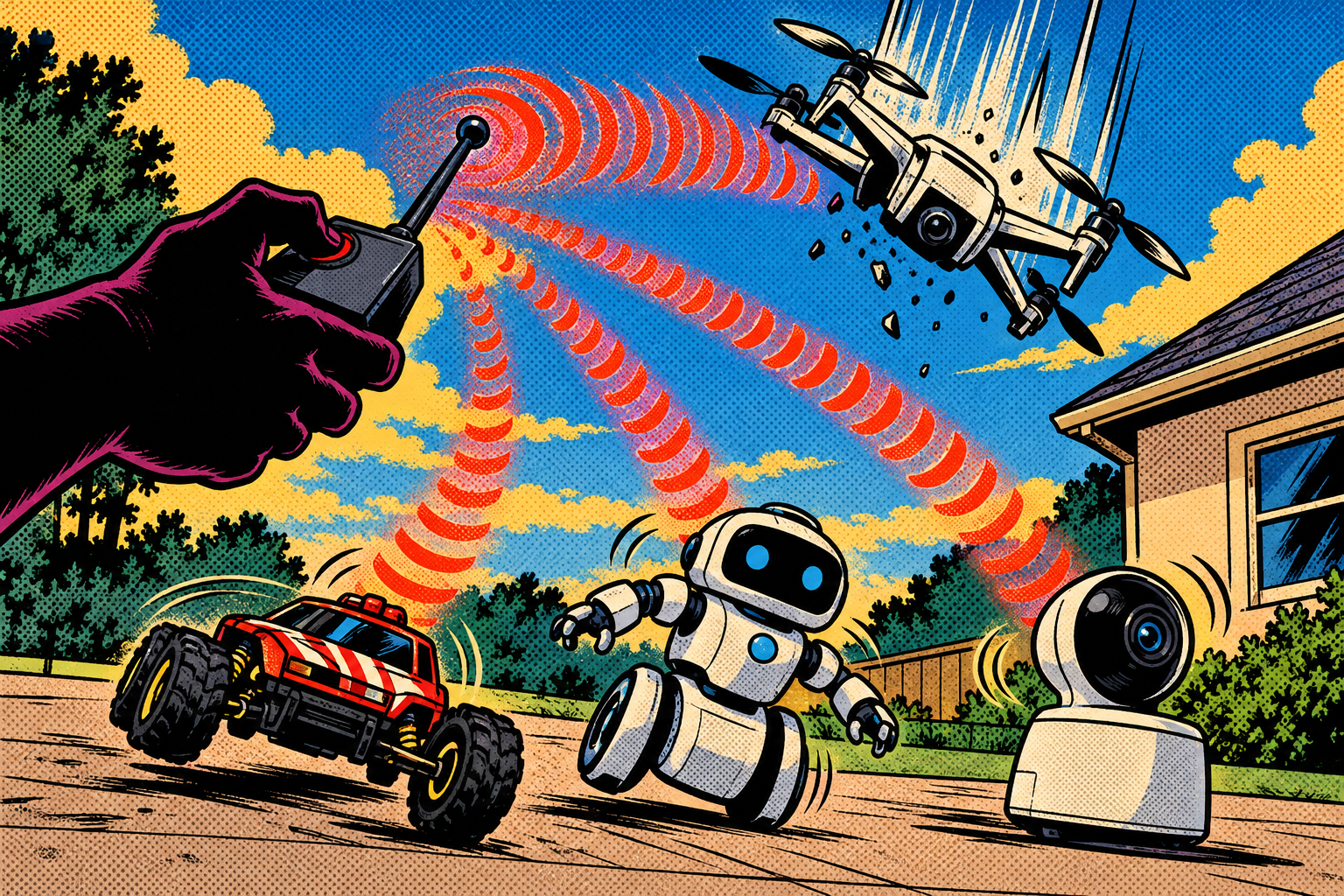 Comic: a toy car, a home robot and a pan-tilt camera all obey a stranger's radio, the same flaw a falling drone makes visible