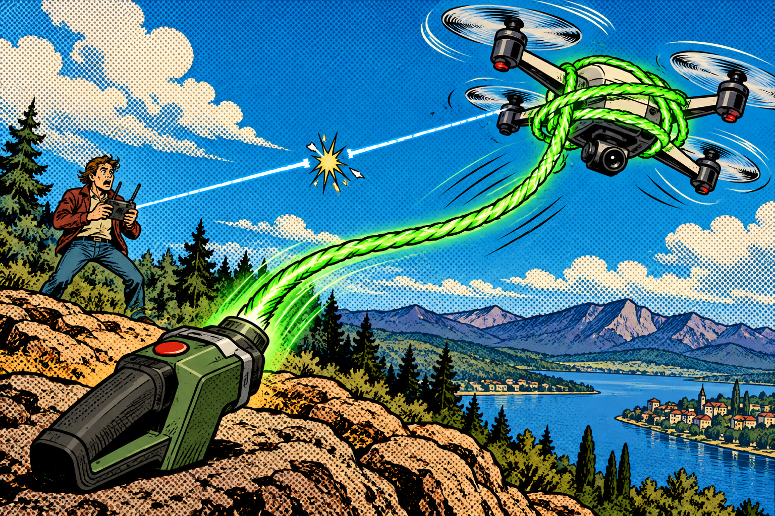 Comic: a ground gadget lassos a drone with a green rope, snapping the pilot’s control link