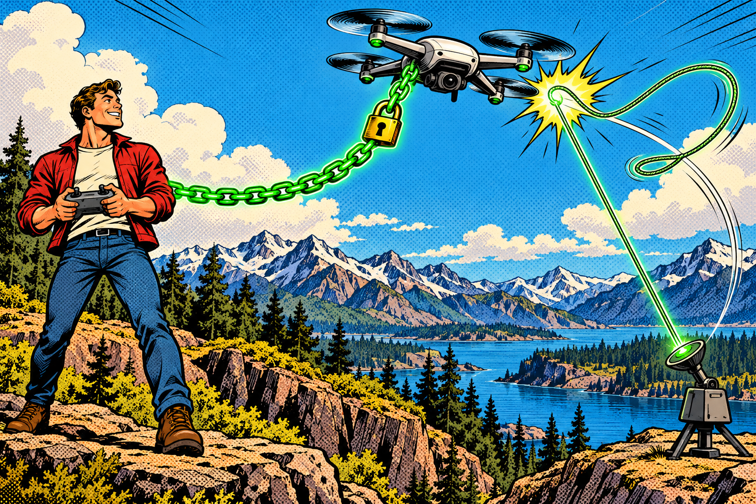 Comic: a drone chained to its pilot with a padlock resists a ground gadget’s lasso bouncing off