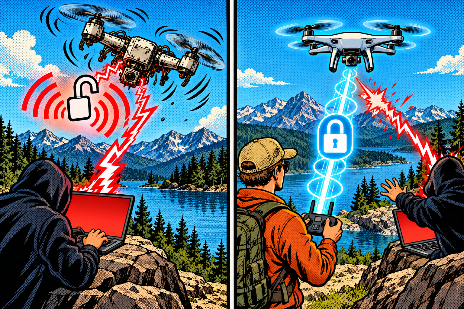 Comic: an old open-Wi-Fi drone is easily hijacked while a modern paired encrypted drone shrugs the attack off