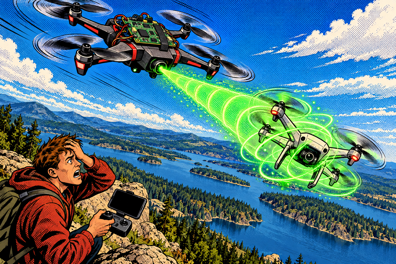 Comic: a drone fitted with a small computer seizes another drone in mid-air while its pilot stares at a dead controller