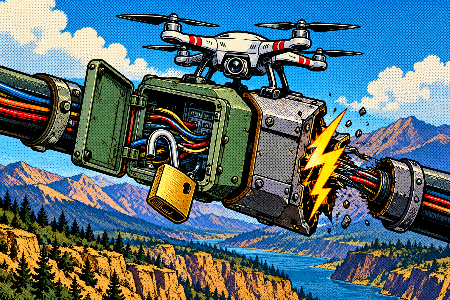 Comic: two gaps wearing a propeller, an unlocked control channel and an unprotected disconnect signal, under a small drone