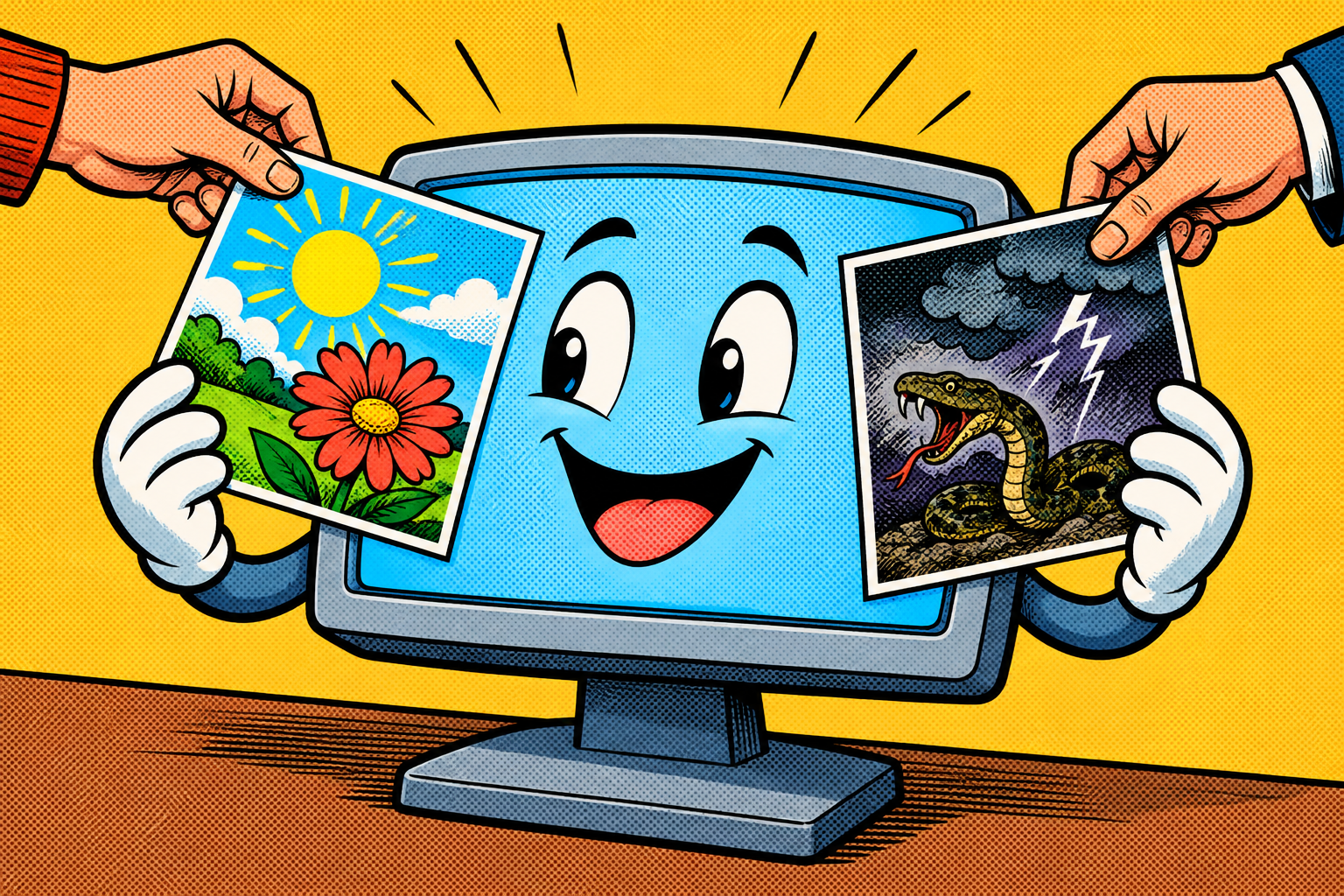 Comic: a friendly screen happily displays whatever any hand gives it, a nice picture or a dangerous one, no questions asked
