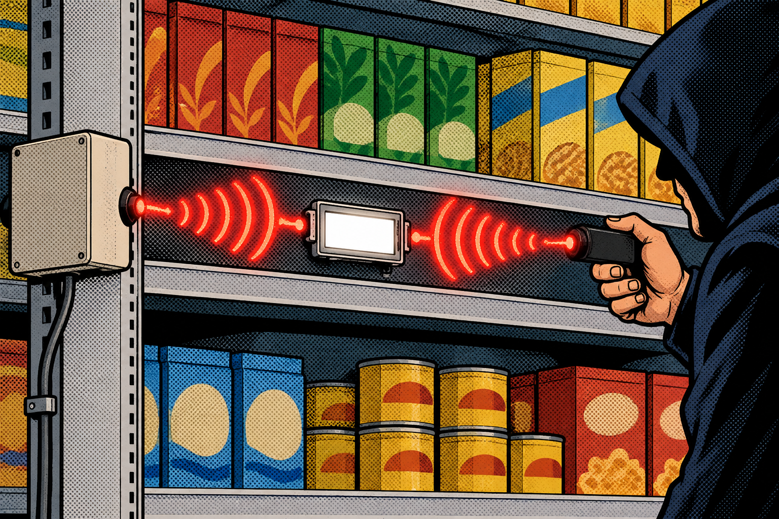 Comic: the store controller and a hooded attacker both send the same infrared pulse to a shelf label that cannot tell them apart