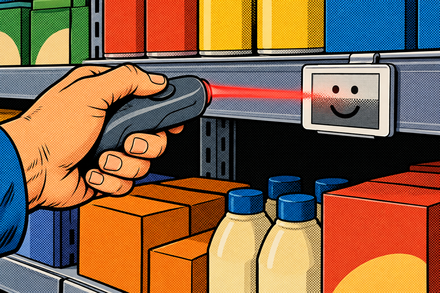 Comic: a gadget sends an infrared beam to rewrite a shelf label to a smiley in a controlled demo