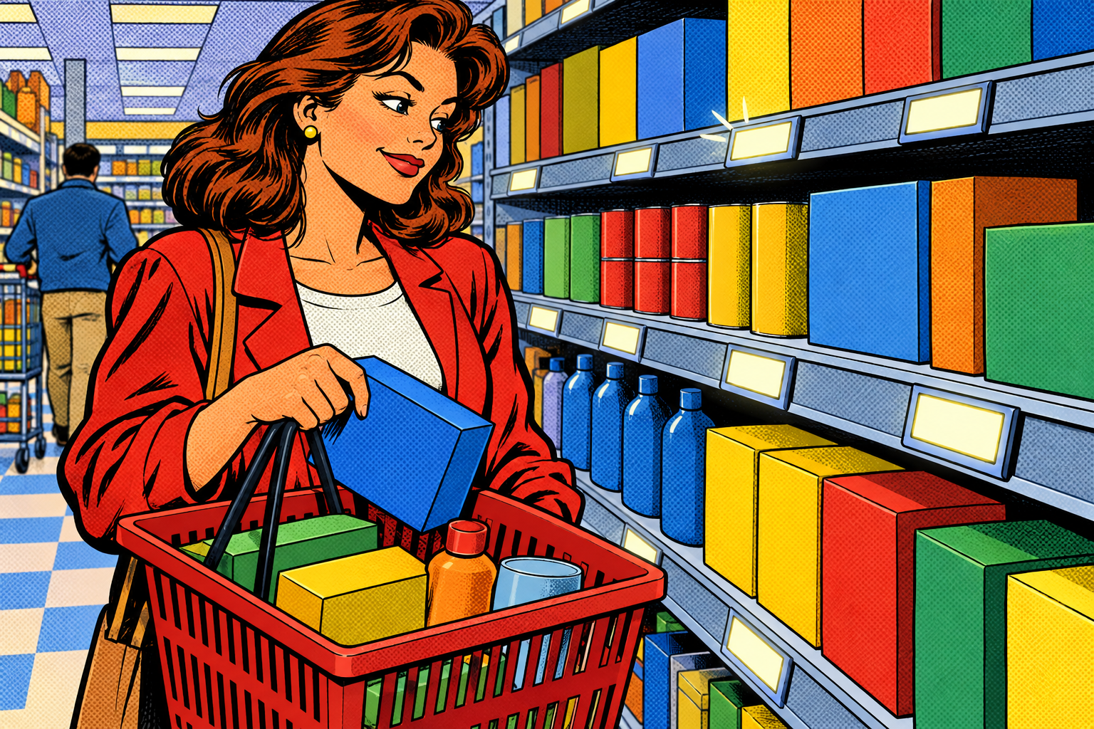 Comic: a shopper confidently trusts whatever a glowing shelf price label shows and drops the product in the basket