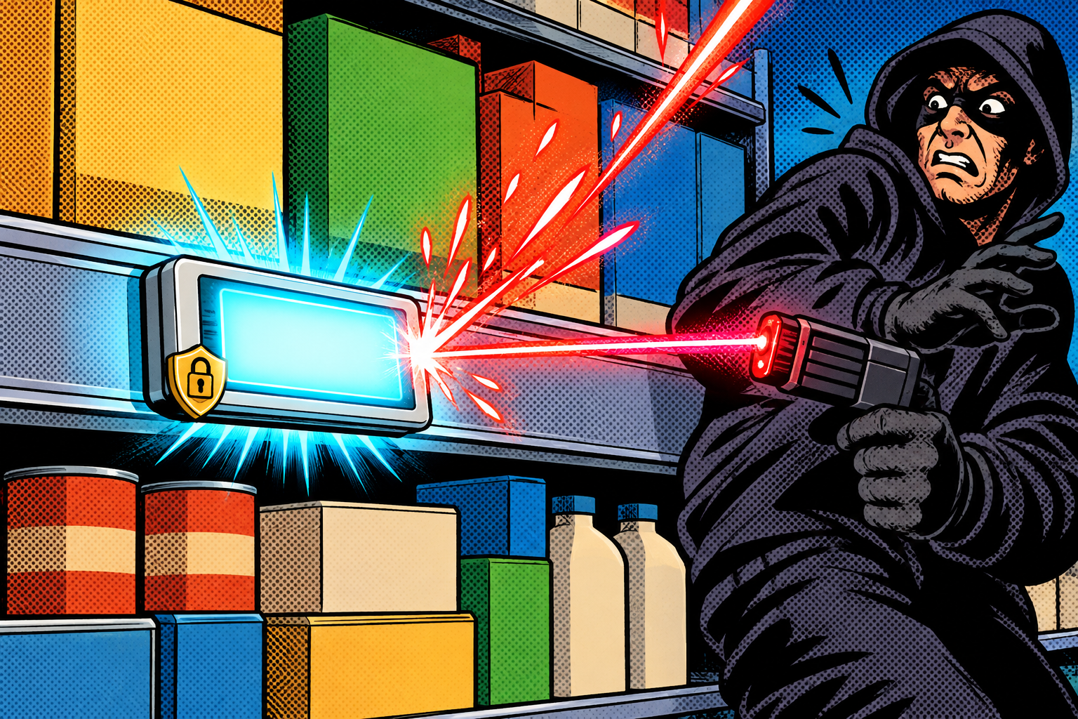 Comic: a shelf price label with a padlock badge deflects a hacker’s infrared beam