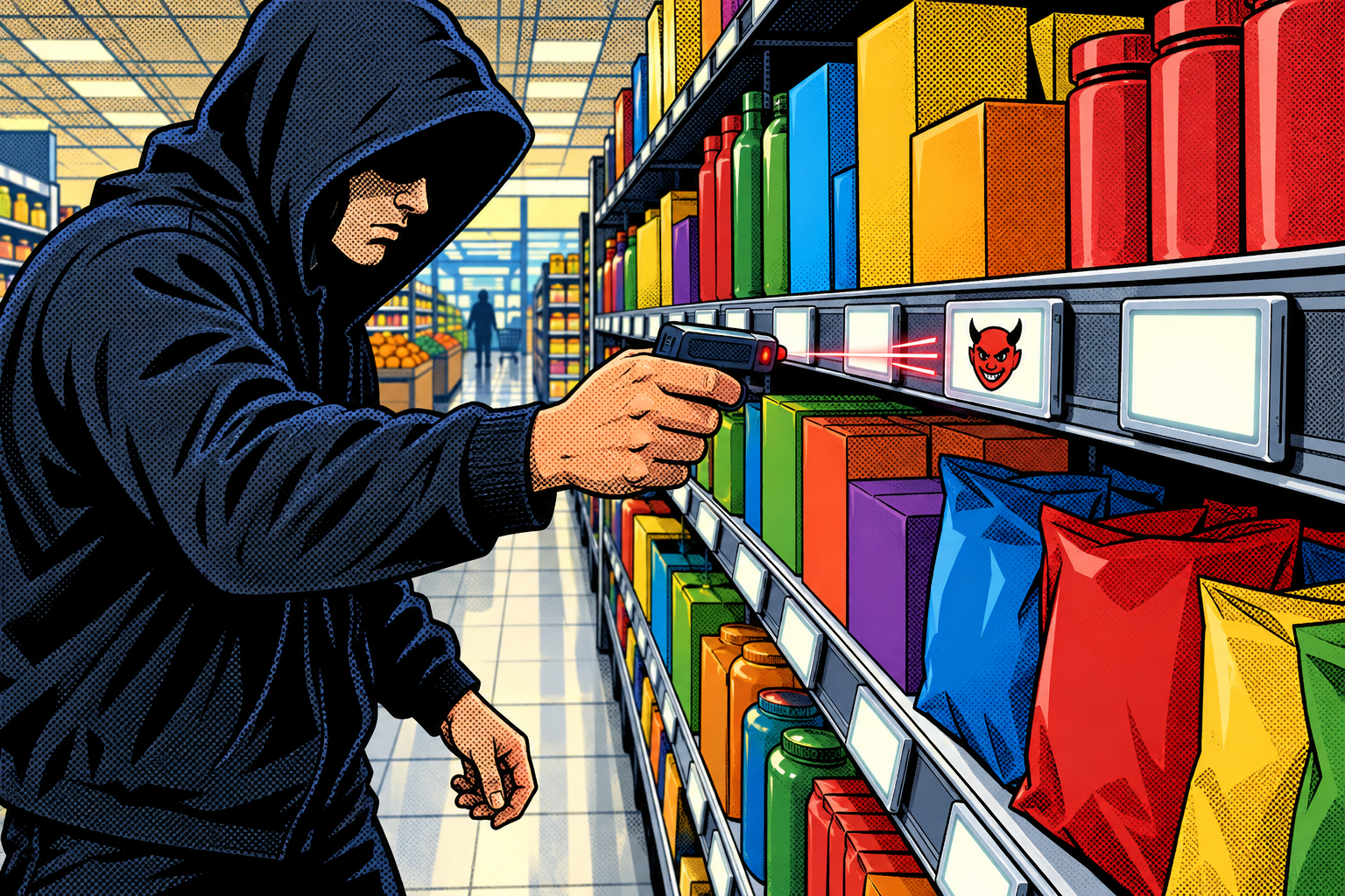 Comic: a hooded figure points a gadget at a shelf price label and rewrites it to show a devil face