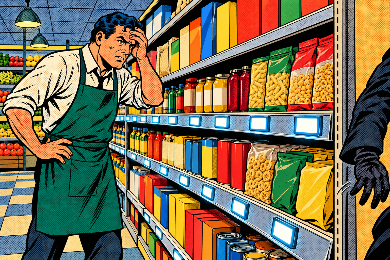 Comic scene: a supermarket manager dismayed at shelf price labels tampered by a sneaking hacker