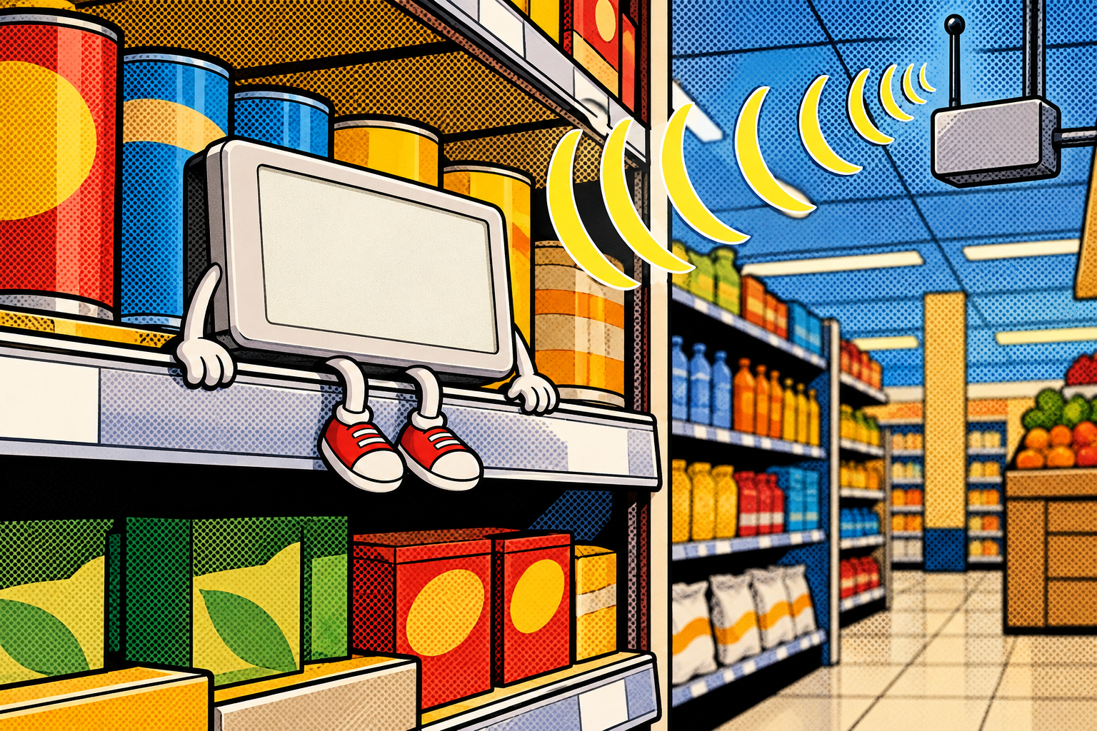 Comic: a little blank e-ink shelf-label character waits on the shelf for a wireless update from the store controller