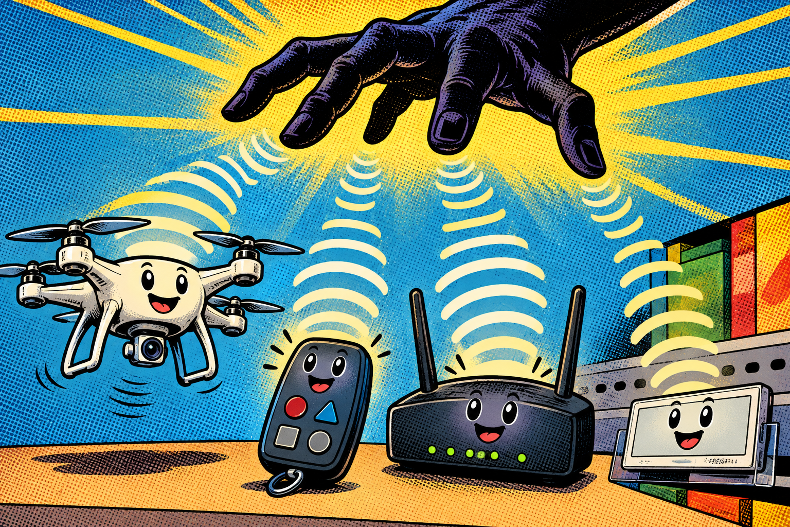 Comic: a drone, a garage remote, a router and a shelf label all trustingly obey commands from a shadowy hand