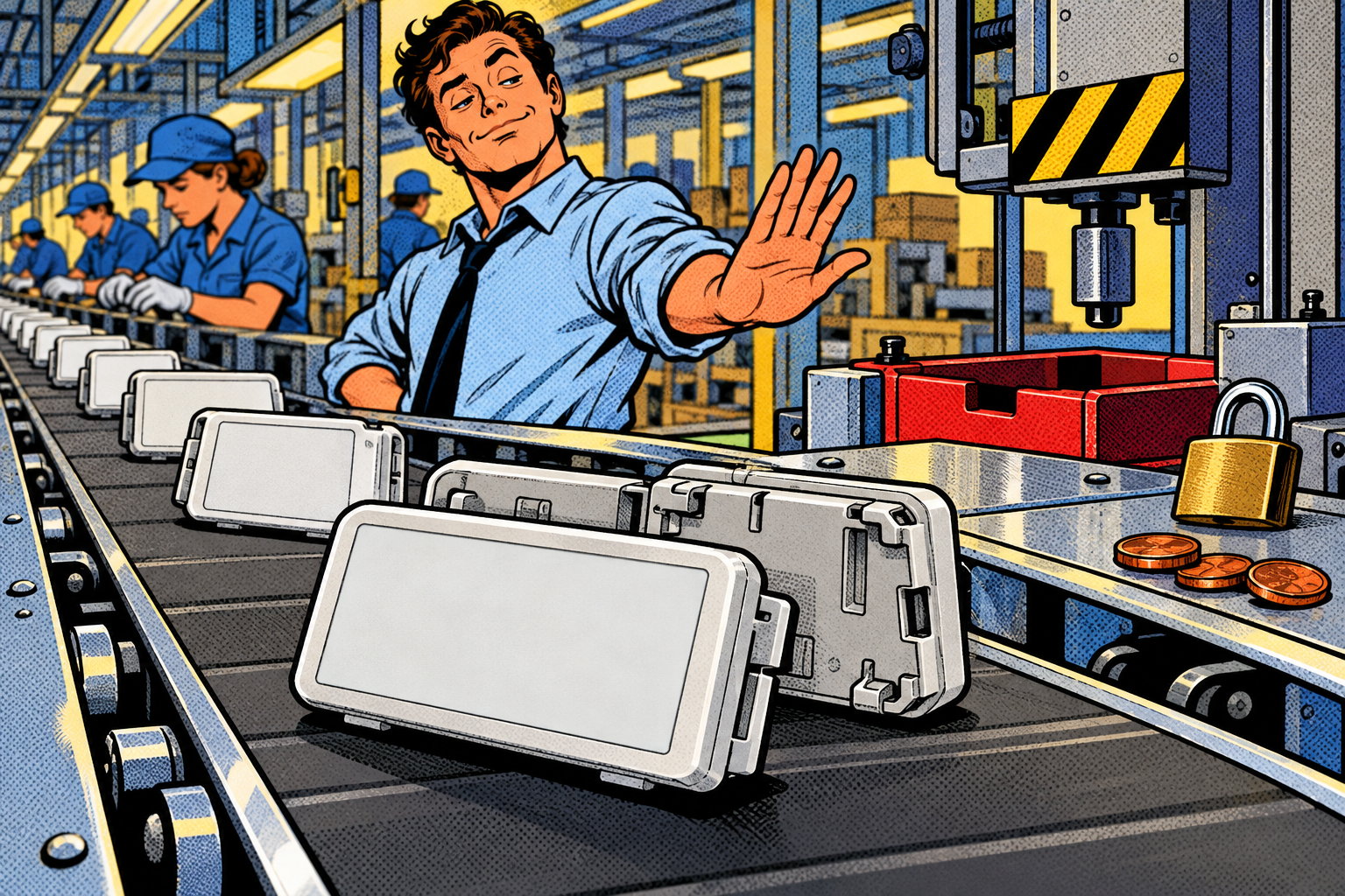 Comic: cheap shelf labels on an assembly line deliberately built without a lock to save a few cents