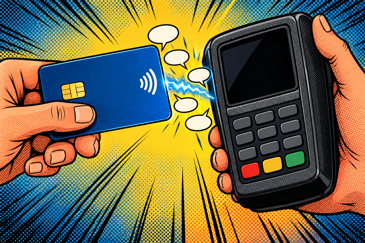 Comic: a contactless card and a reader held close exchange a fast back-and-forth of messages with a spark between them
