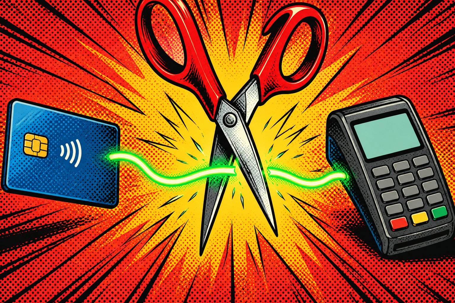 Comic: scissors cut the long relay cord between a card and a terminal, severing it by distance