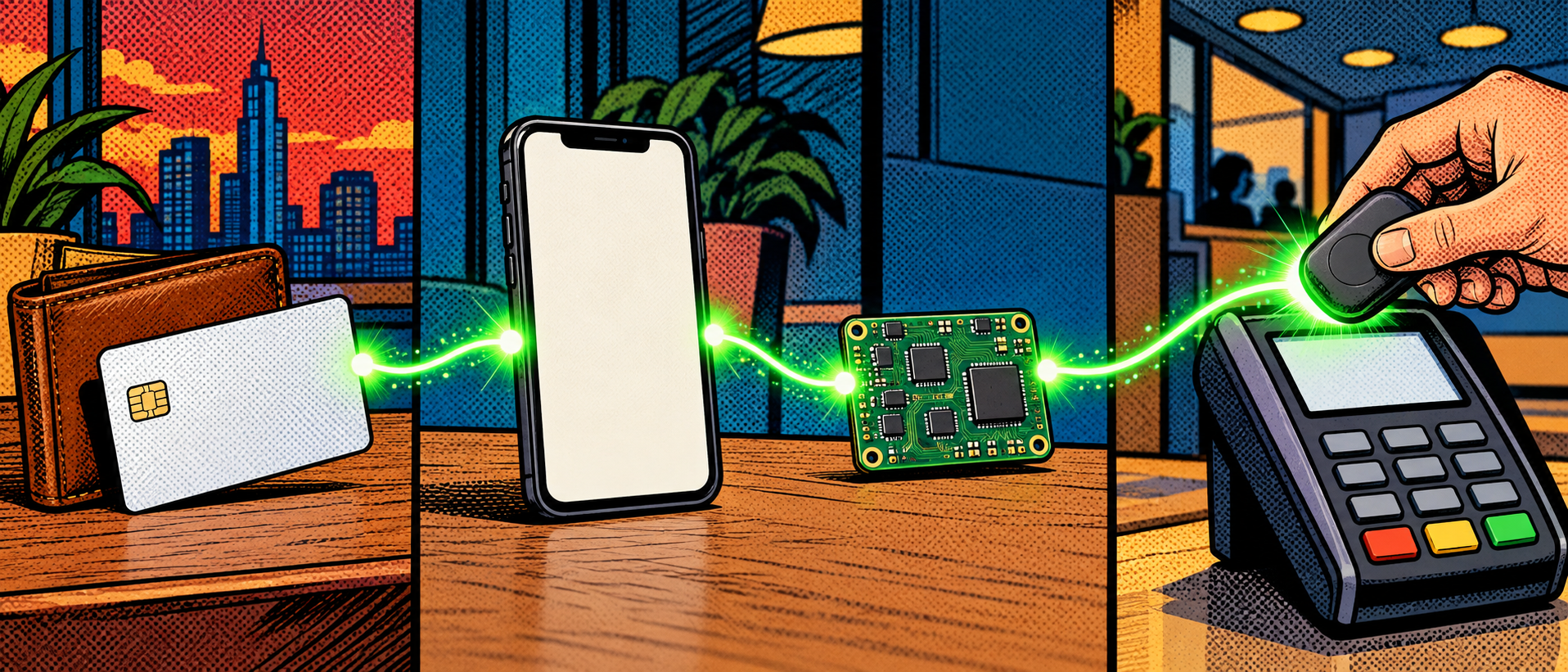 Comic: the four-link relay chain, a card, a phone, a small board and a gadget at a terminal, joined by a glowing line