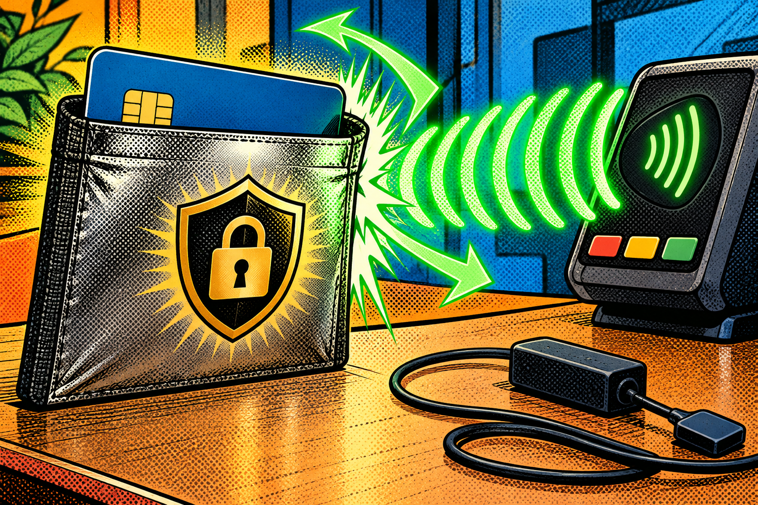 Comic: a card in a shielded wallet with a padlock blocks a reader’s waves, cutting the relay off