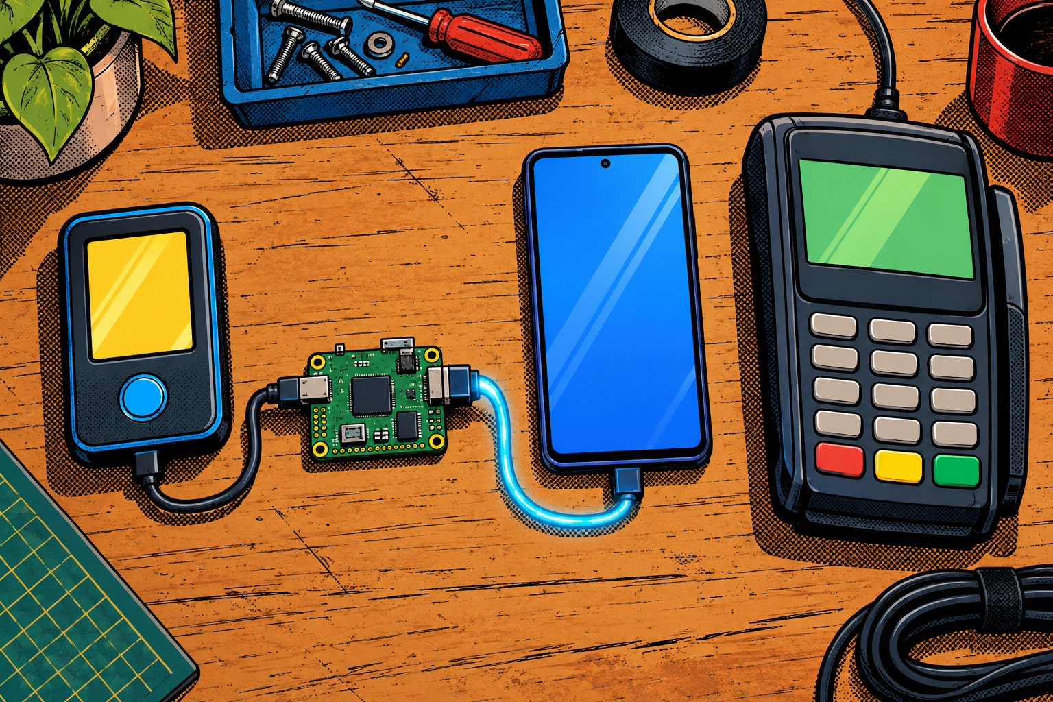 Comic flat-lay of the relay kit, a handheld gadget, a small board and a phone cabled together beside a payment terminal