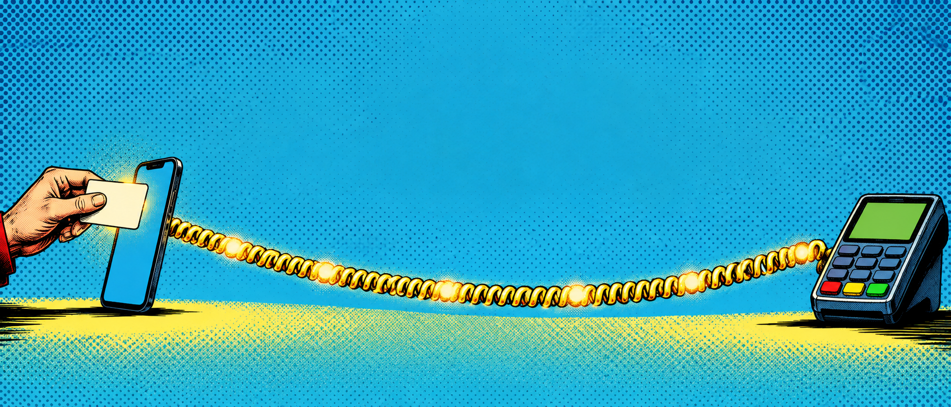 Comic: a long coiled cord carries a card’s conversation across a wide gap from a phone to a distant payment terminal