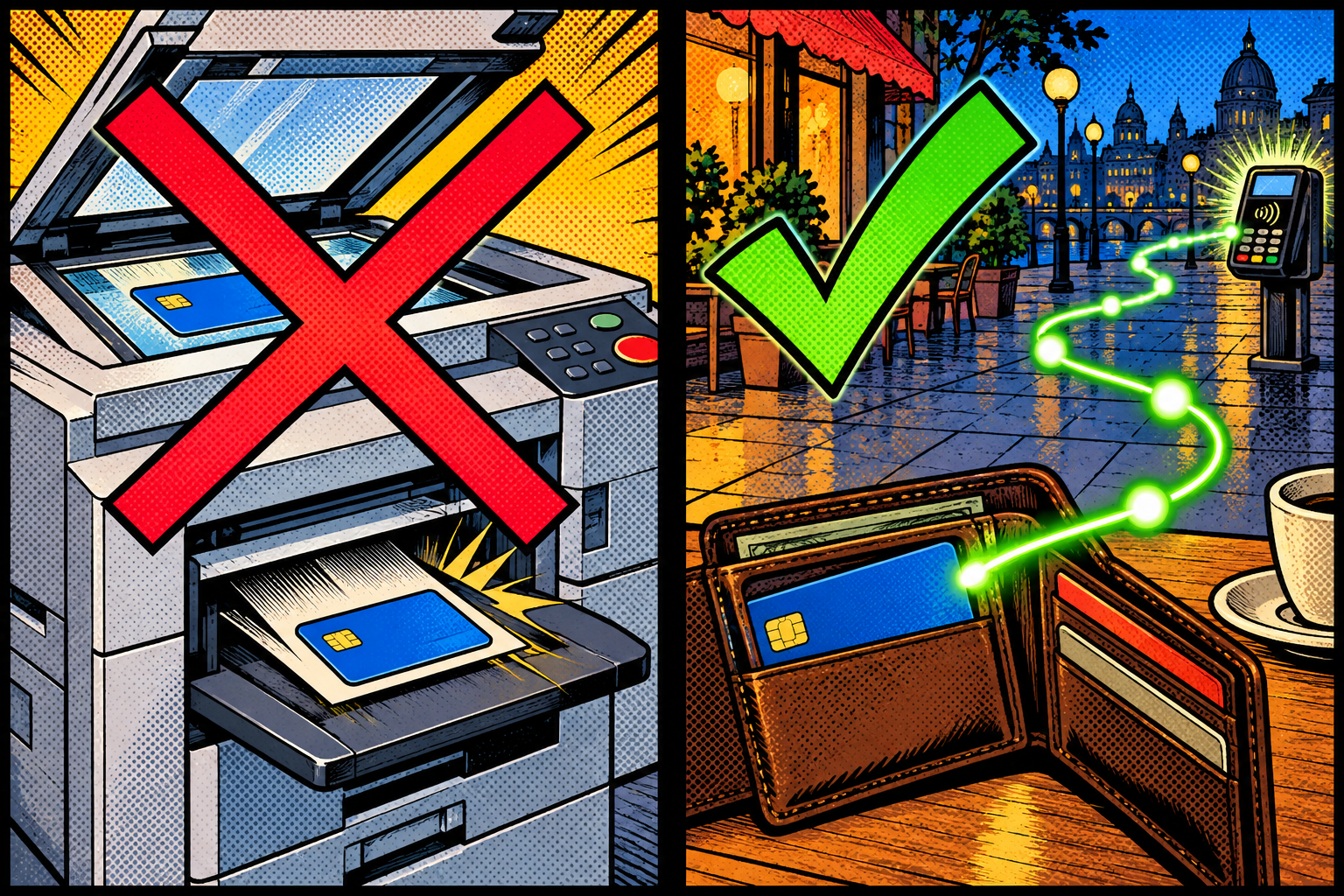 Comic: cloning a card (crossed out) versus relaying, where the real card stays in the wallet and only its live conversation travels