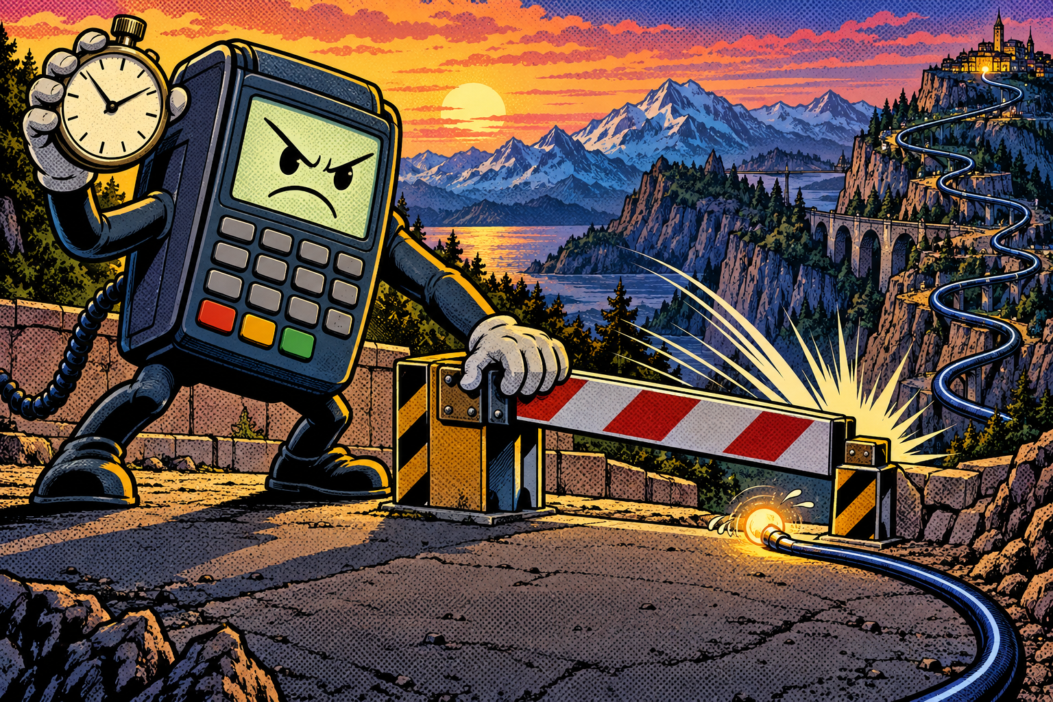 Comic: a payment terminal times a slow relayed response with a stopwatch and slams a barrier down, defeating it on distance