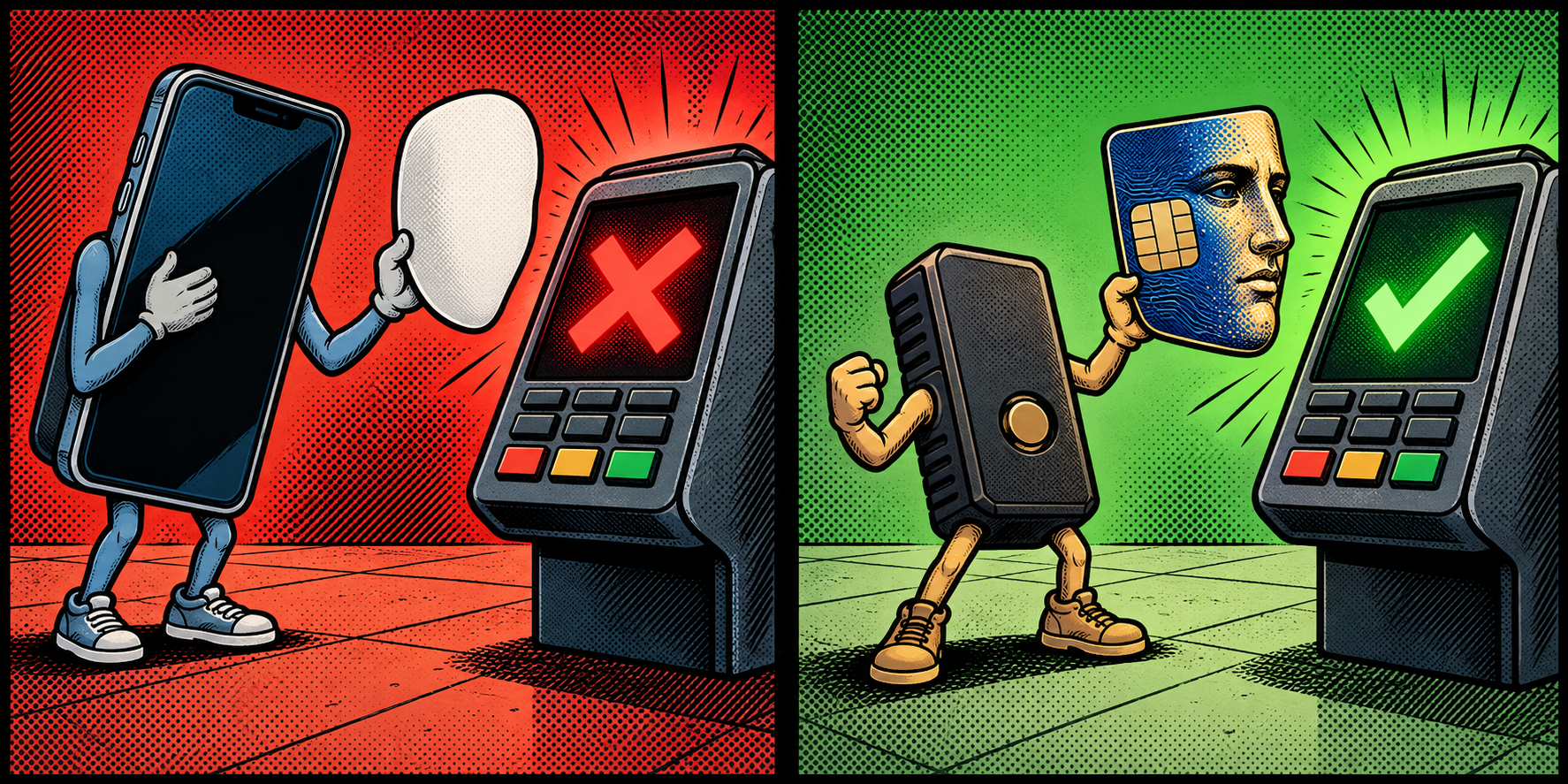 Comic: a phone with a generic mask is rejected by a terminal, while a dedicated gadget presenting the real card identity is accepted